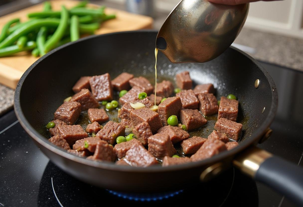 Garlic added to seared beef strips in preparation for Black Pepper Beef & Green Beans.
