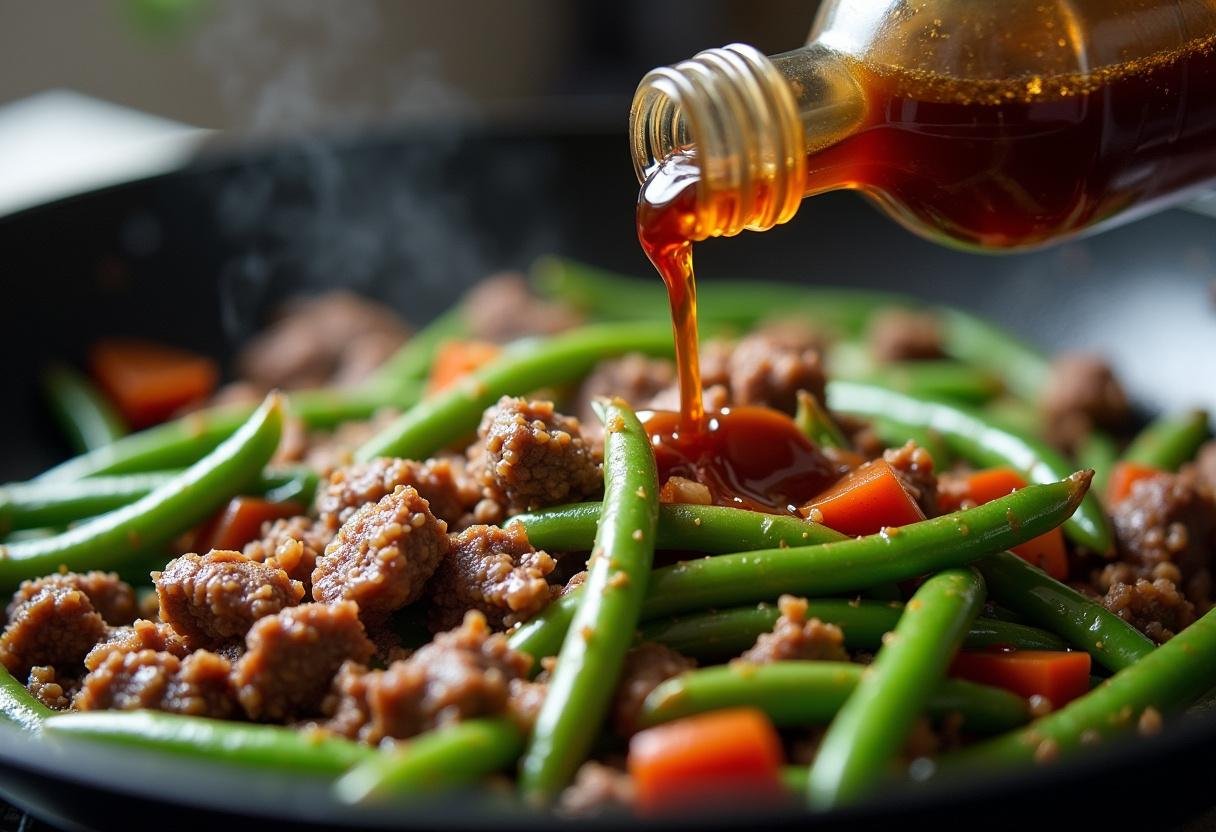 Cooking green beans with beef in soy sauce for Black Pepper Beef & Green Beans.