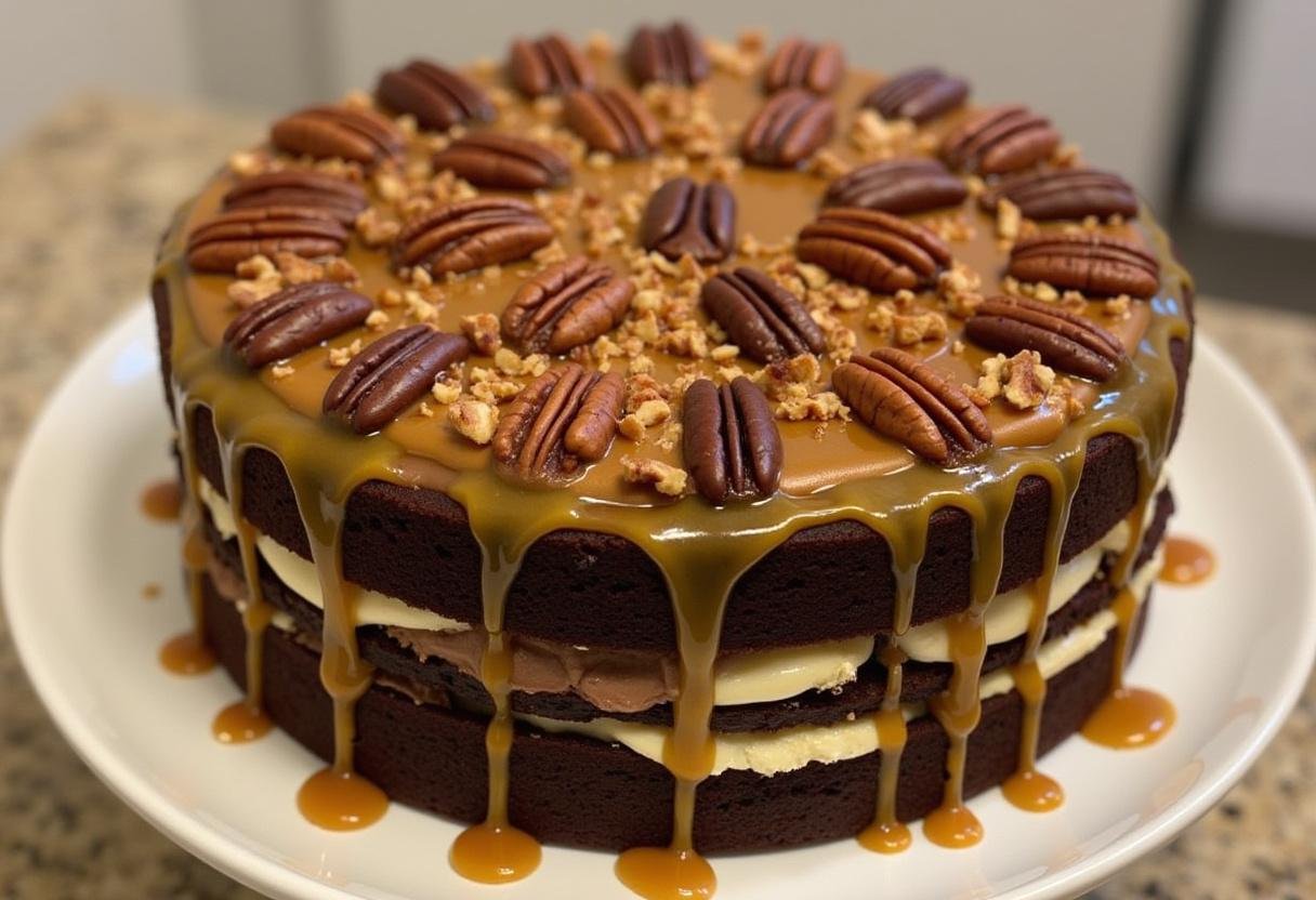 Decadent Chocolate Turtle Cake with caramel and pecans, perfect for dessert.
