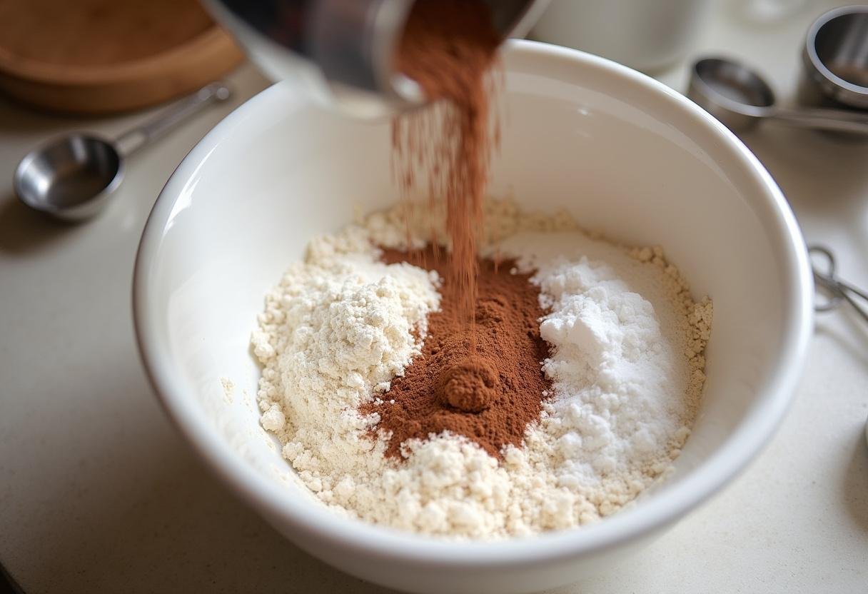 Sifting dry ingredients for Chocolate Turtle Cake in a mixing bowl.