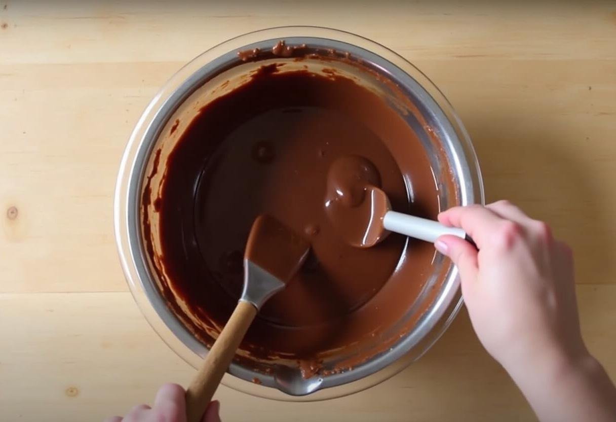 Mixing chocolate batter for Chocolate Turtle Cake in a large bowl.