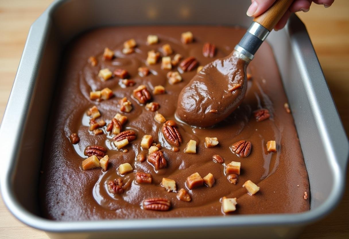Pouring Chocolate Turtle Cake batter into a pan with caramel and pecans.