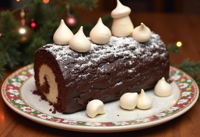 Finished Classic Yule Log with chocolate ganache and festive decorations.