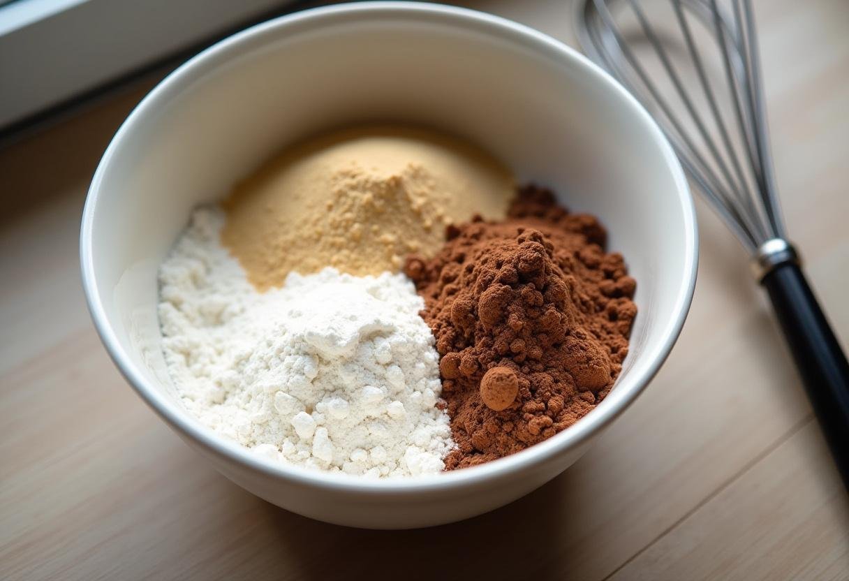 Dry ingredients for Classic Yule Log sifted in a mixing bowl.