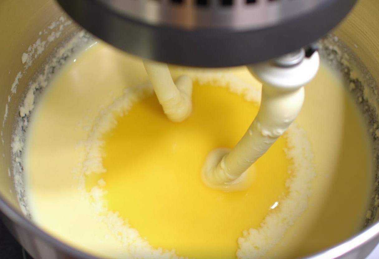 Eggs and vanilla being mixed into batter for Classic Yule Log.