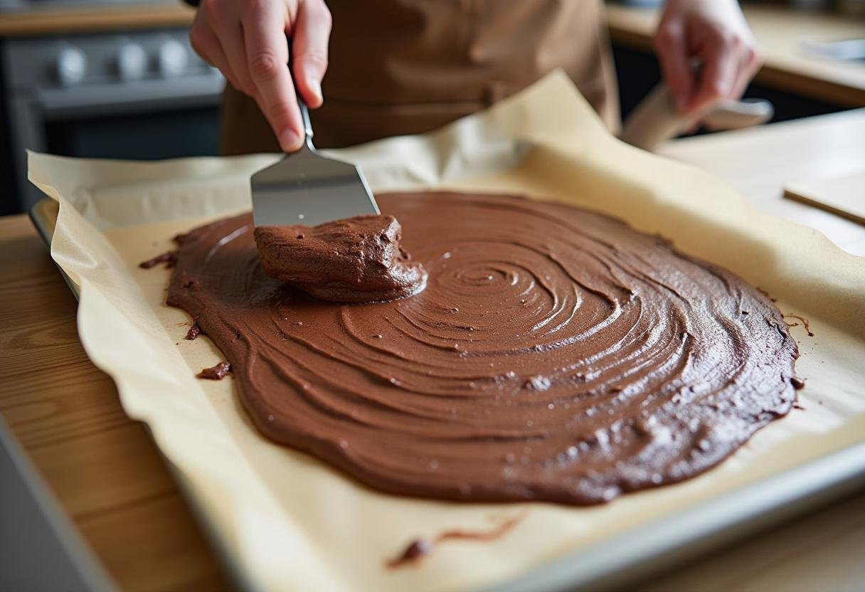 Chocolate sponge batter spread on baking sheet for Classic Yule Log.