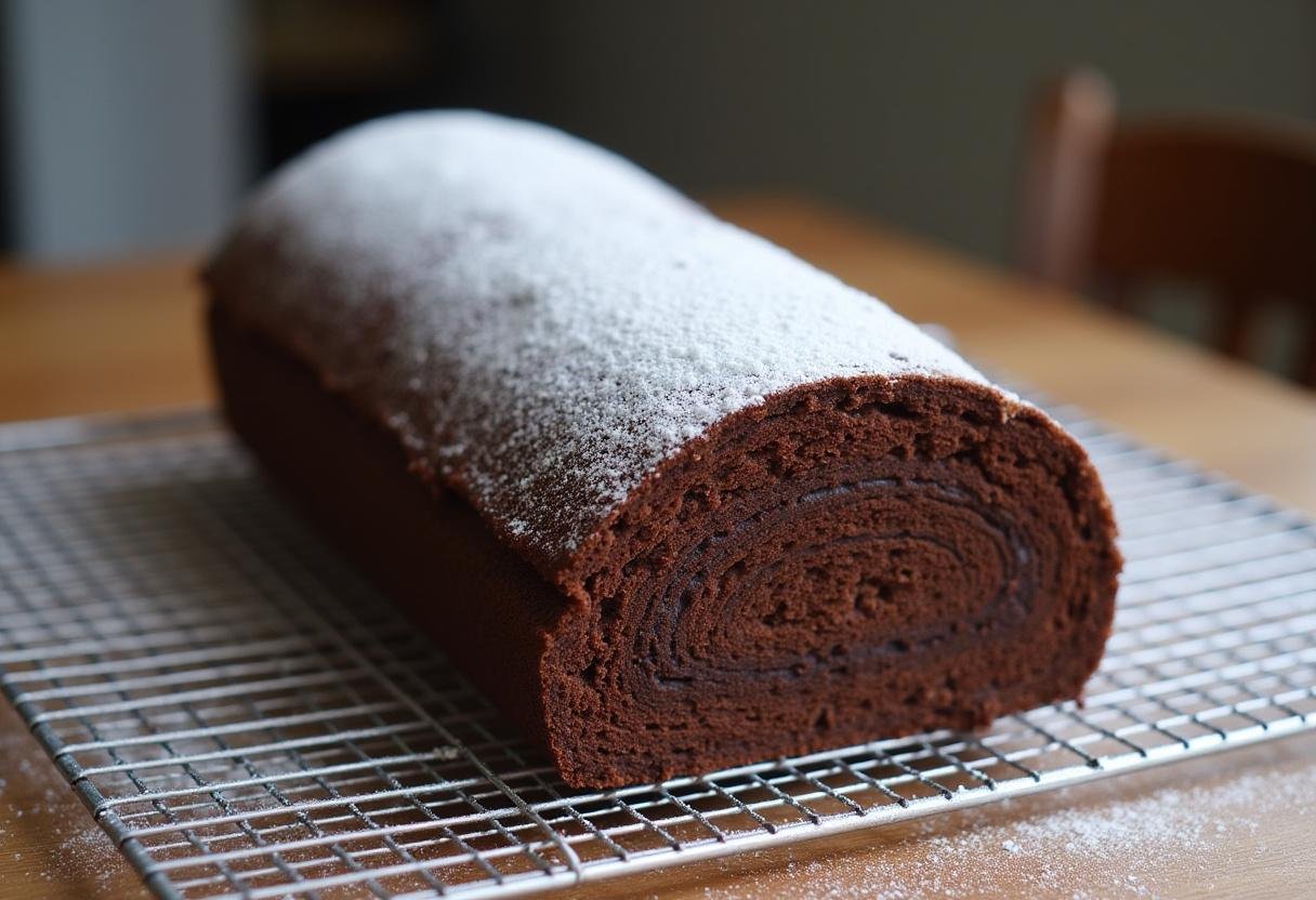 Rolled chocolate sponge cake cooling for Classic Yule Log.
