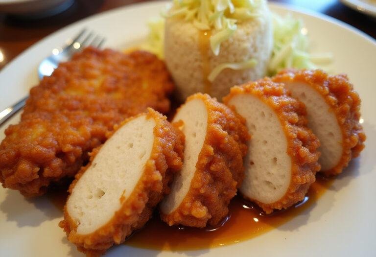 Golden Crispy Fried Chicken Katsu with homemade sauce, served with rice and cabbage.