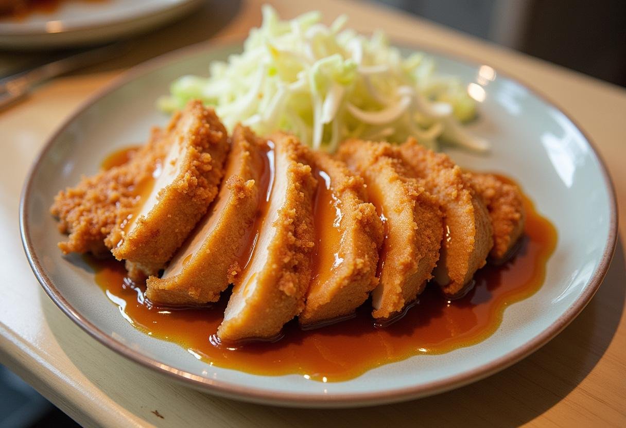 Golden Crispy Fried Chicken Katsu with homemade sauce, served with rice and cabbage.