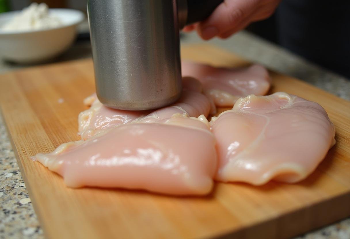 Chicken breasts being pounded flat for Crispy Fried Chicken Katsu preparation.