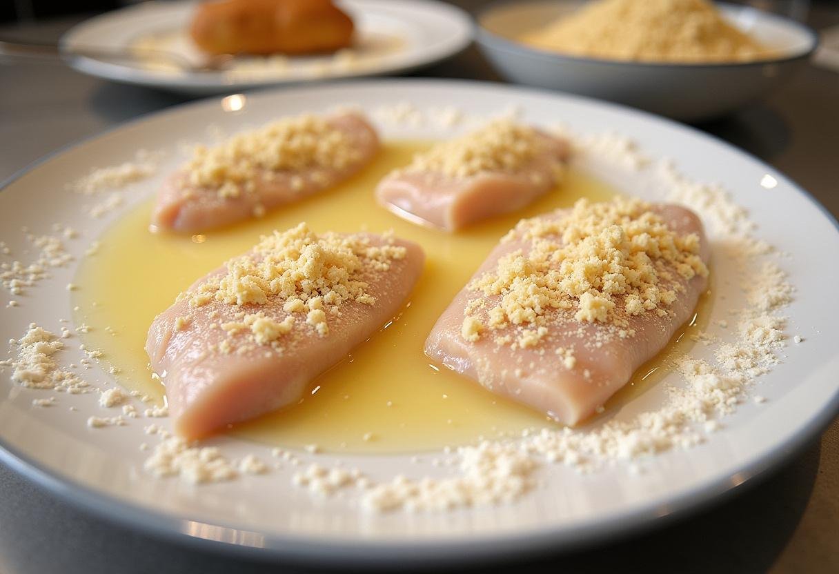 Chicken breasts coated in flour and eggs for Crispy Fried Chicken Katsu.