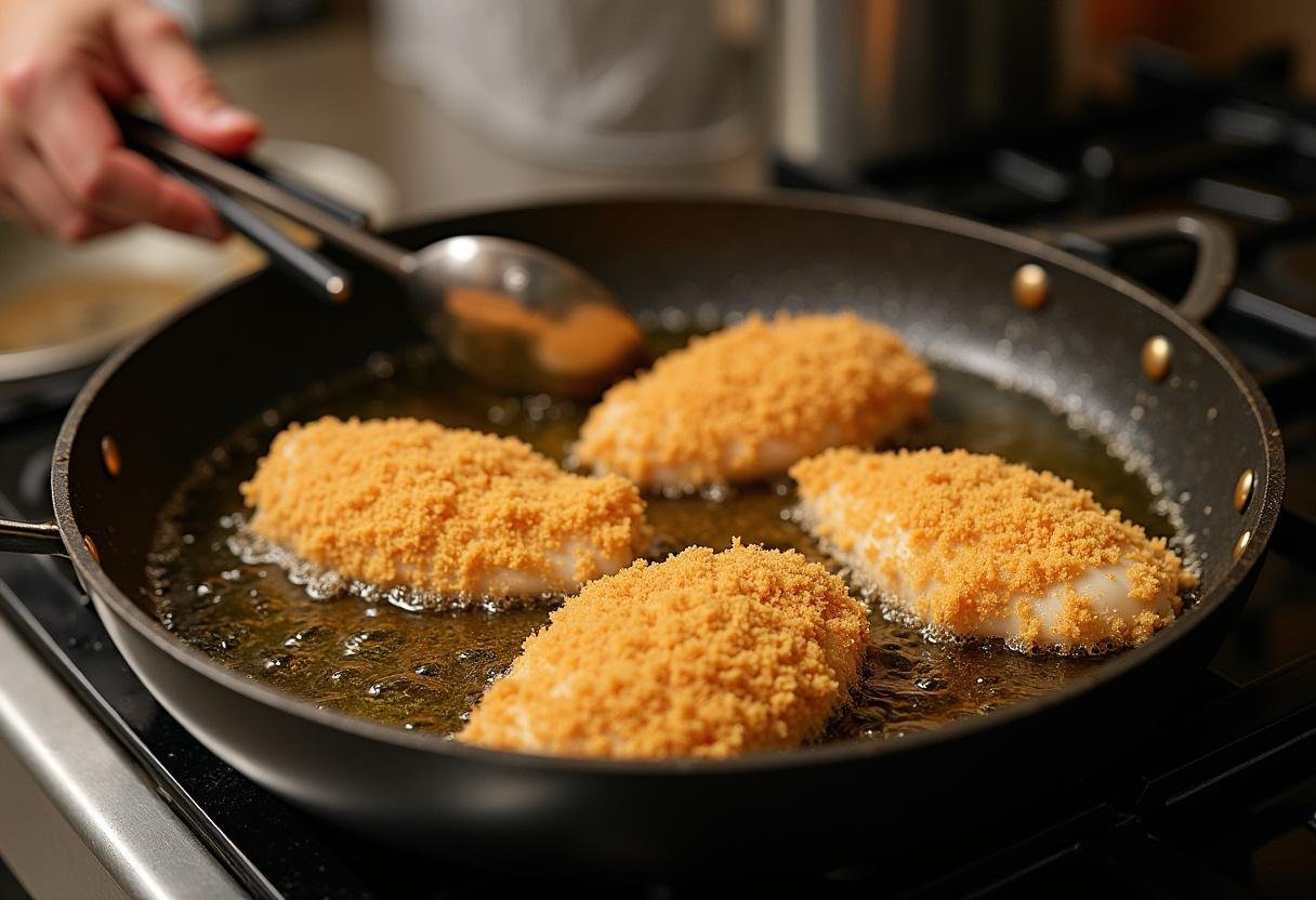 Breaded chicken breasts frying in hot oil for Crispy Fried Chicken Katsu.