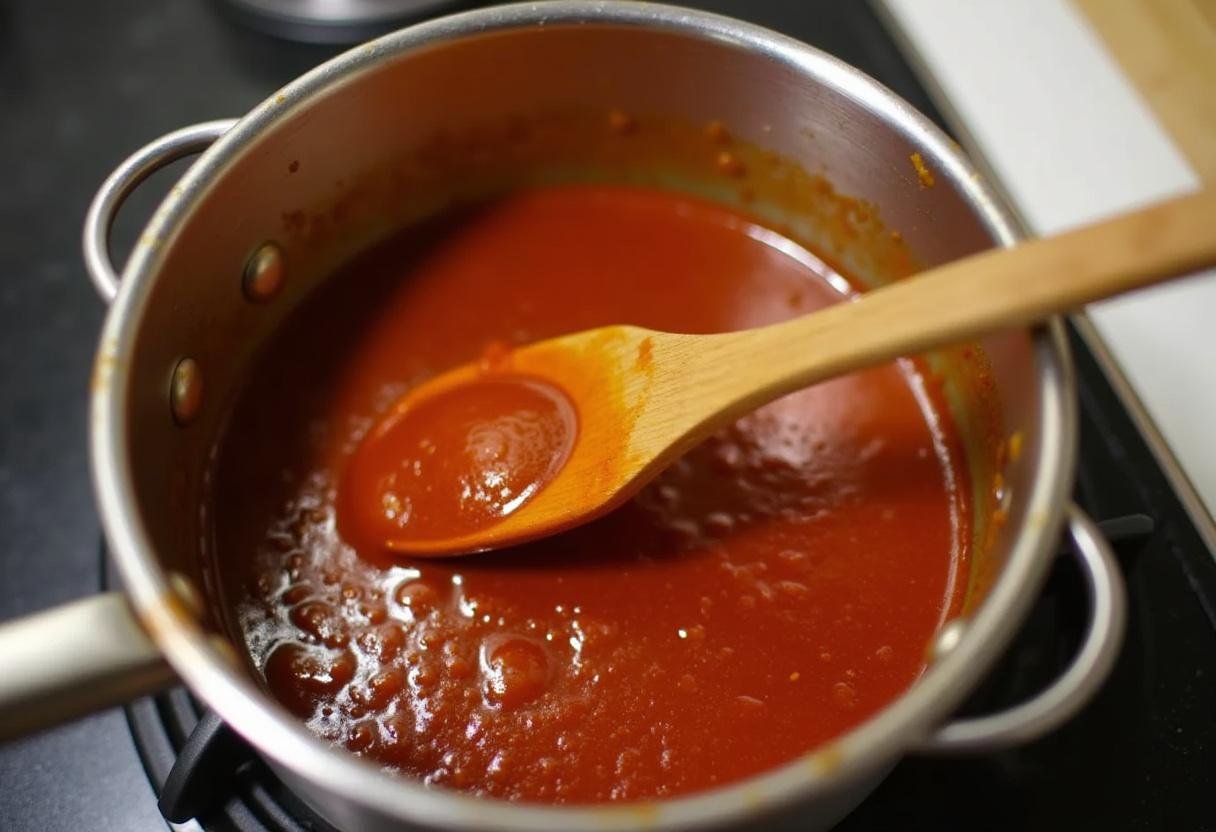 Homemade katsu sauce simmering in a saucepan for Crispy Fried Chicken Katsu.