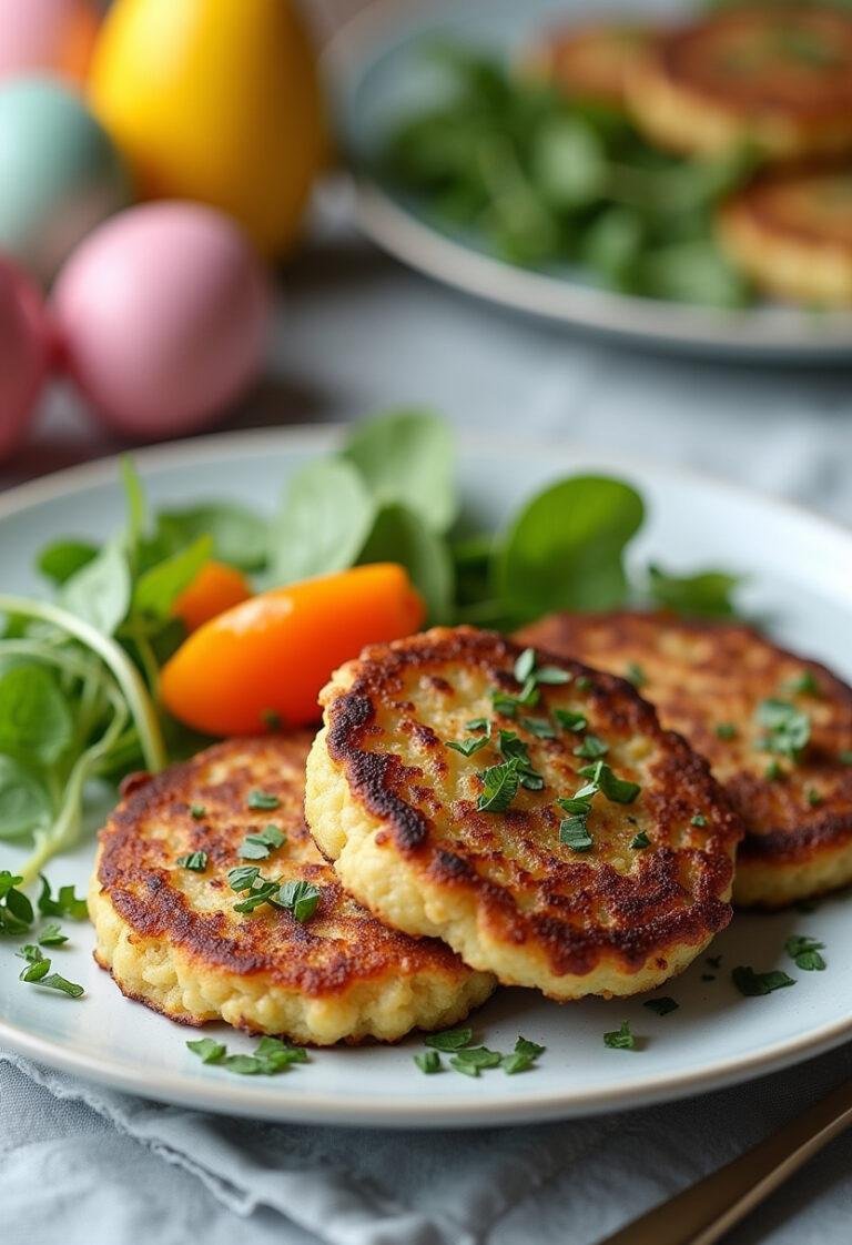Finished crispy Irish potato cakes garnished with herbs, an ideal festive side for Easter celebrations.