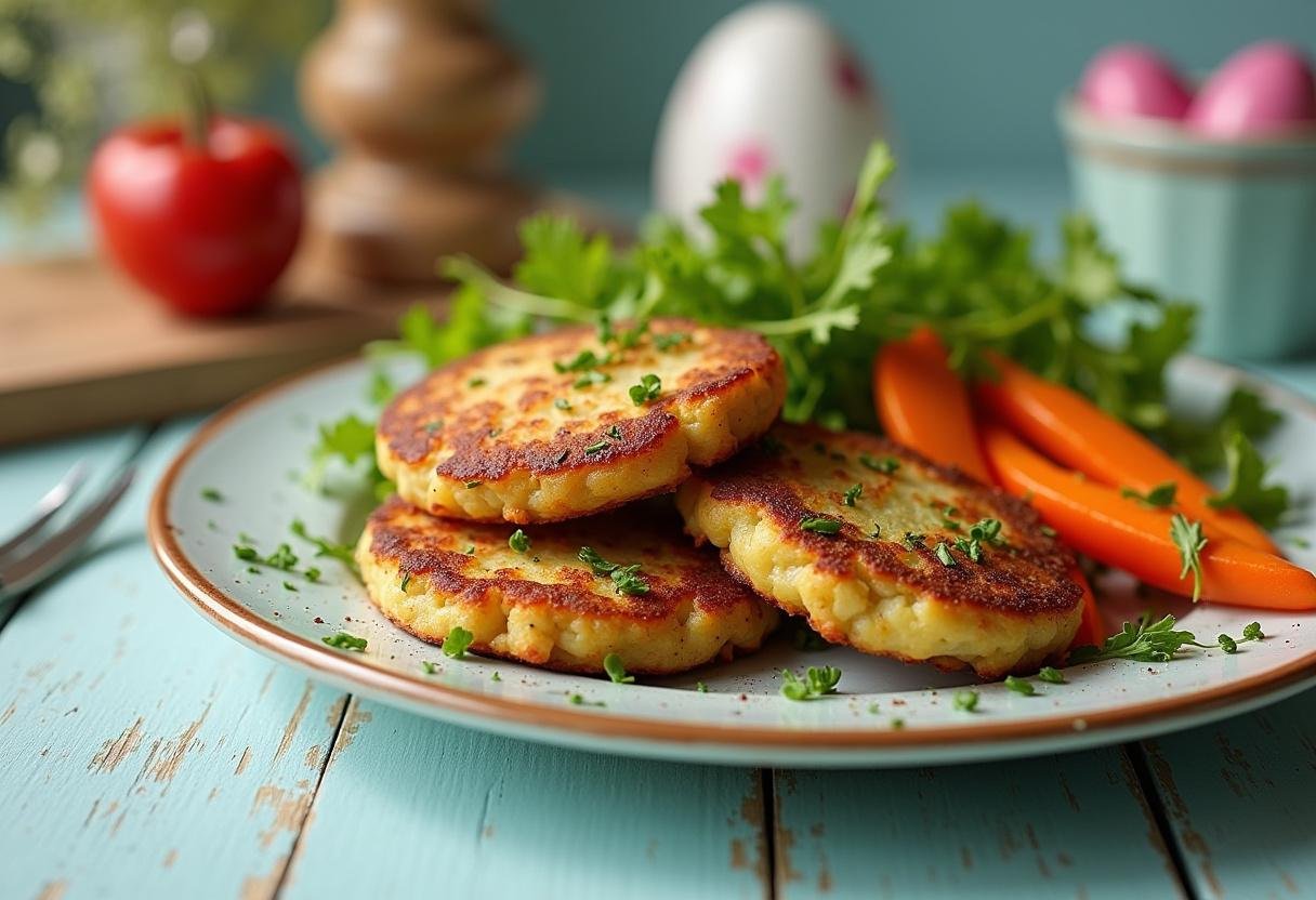 Finished crispy Irish potato cakes garnished with herbs, an ideal festive side for Easter celebrations.