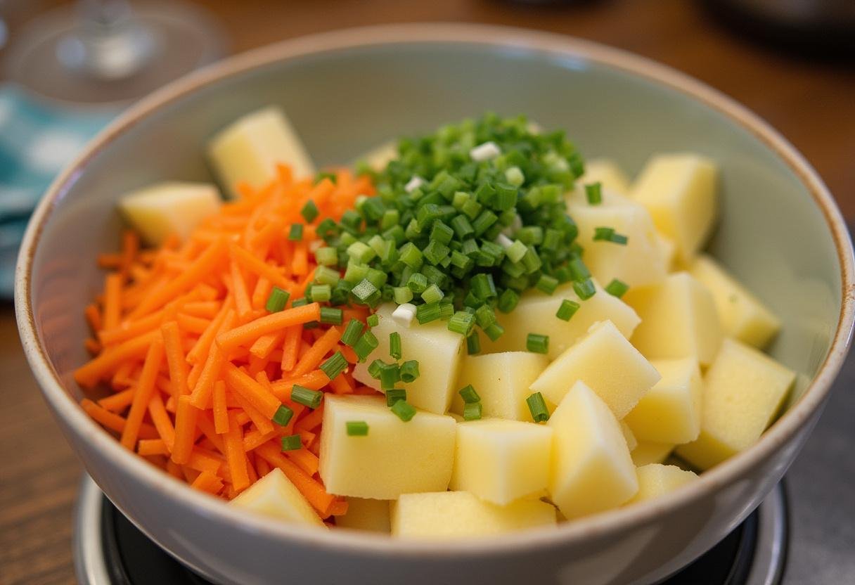 Ingredients for crispy Irish potato cakes, showcasing grated potatoes and chopped veggies for a delightful Easter side dish.