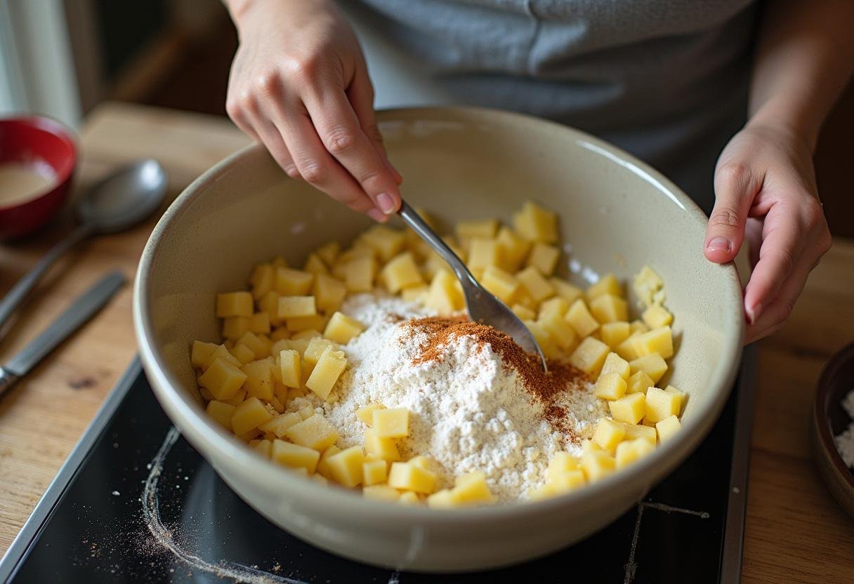 Mixing flour and seasonings into grated potatoes and vegetables for crispy Irish potato cakes preparation.