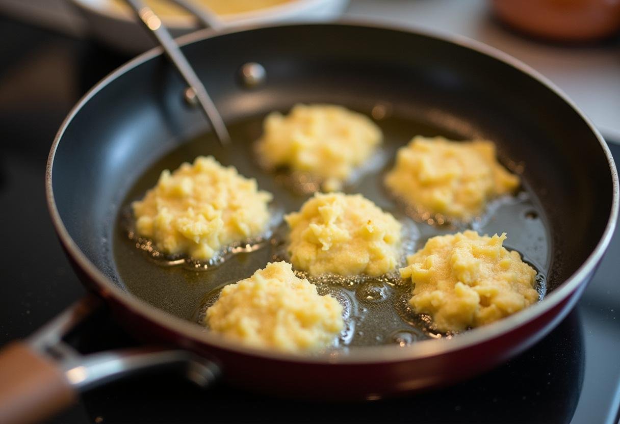 Shaping potato mixture into patties and frying in hot oil for crispy Irish potato cakes.