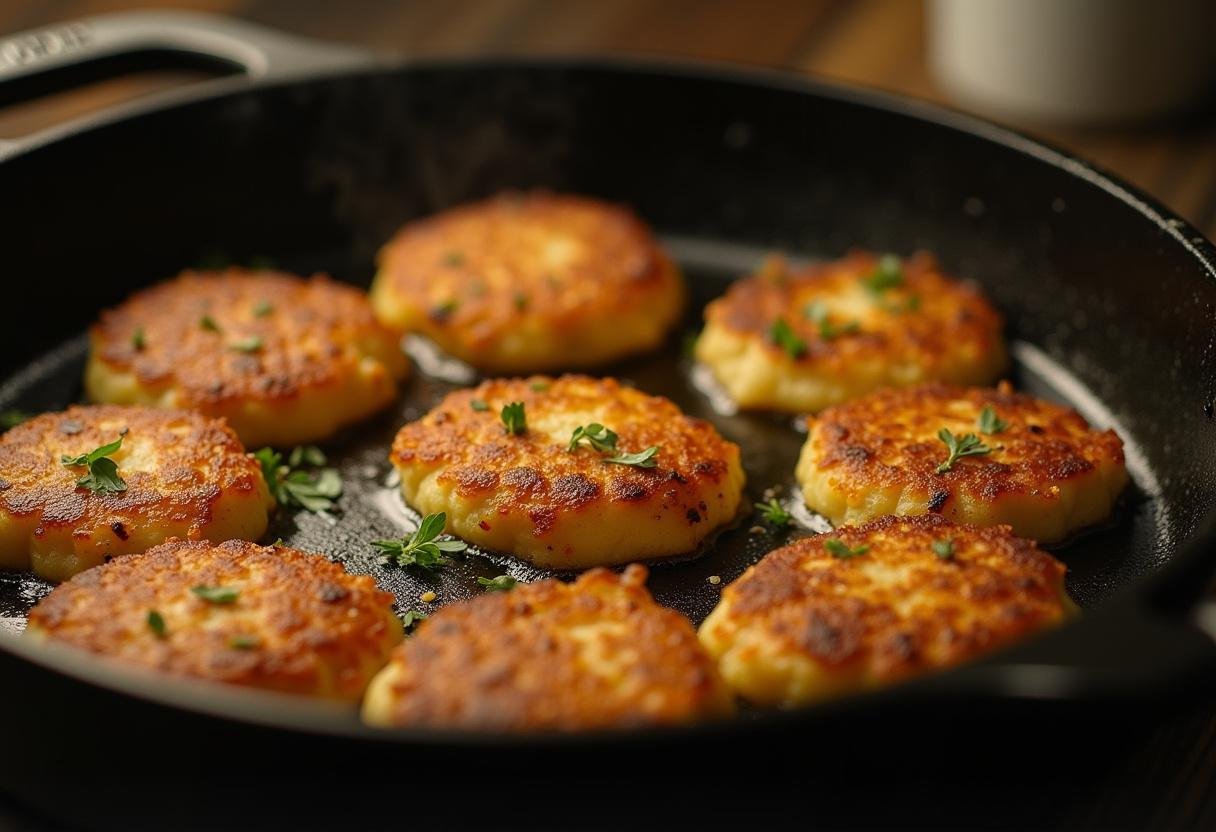 Frying golden-brown crispy Irish potato cakes in a skillet, perfect for an Easter side dish.