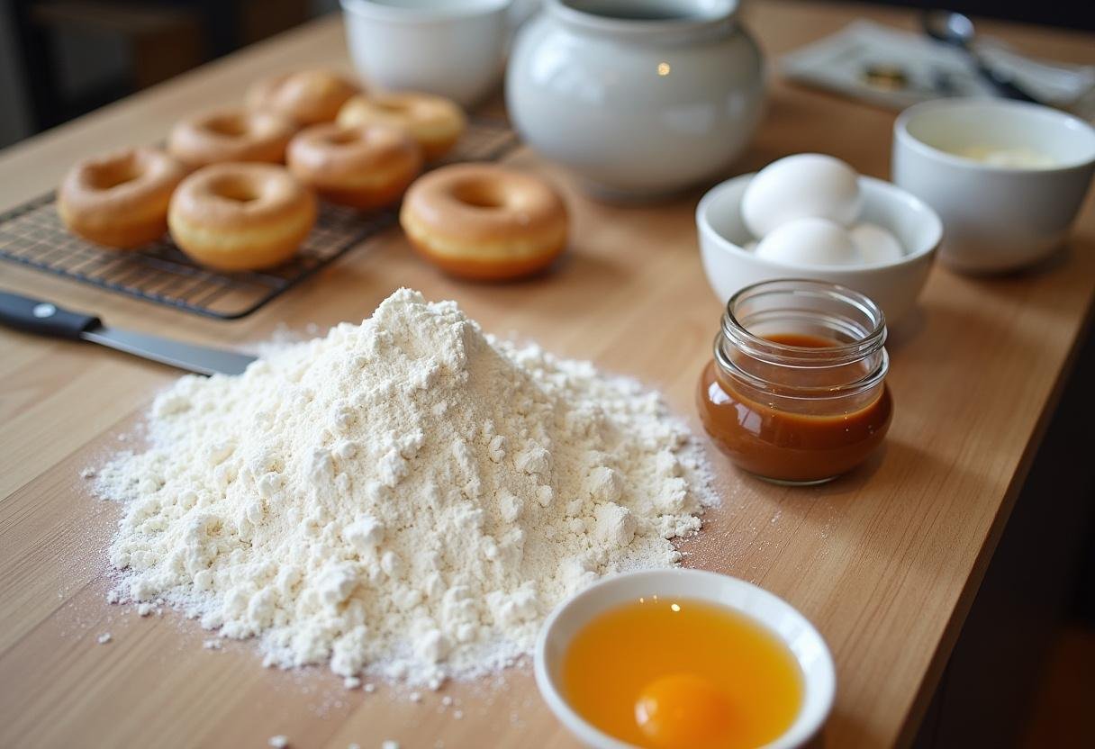 Ingredients for making Decadent Biscoff Doughnuts laid out on a kitchen counter.