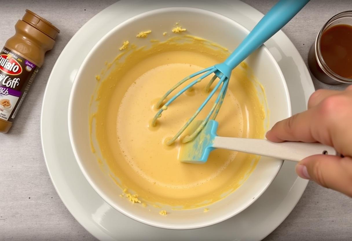 Doughnut batter being mixed for Decadent Biscoff Doughnuts recipe.