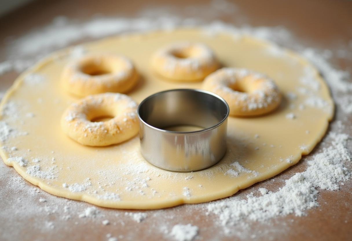 Cutting doughnut shapes from the dough for Decadent Biscoff Doughnuts.