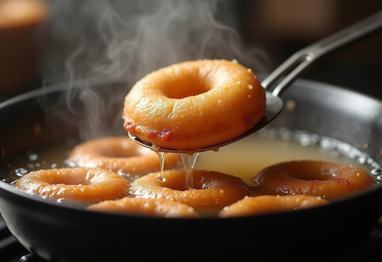 Doughnuts frying in oil for the Decadent Biscoff Doughnuts recipe.