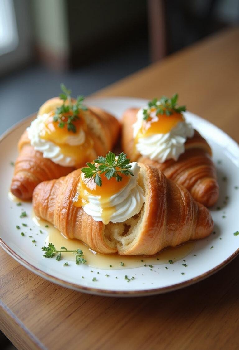 Decadent croissants with whipped ricotta and caramelized honey, an elegant breakfast treat.