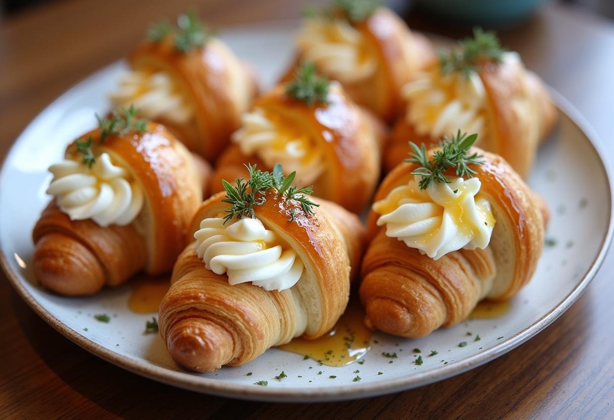 Decadent croissants with whipped ricotta and caramelized honey, an elegant breakfast treat.