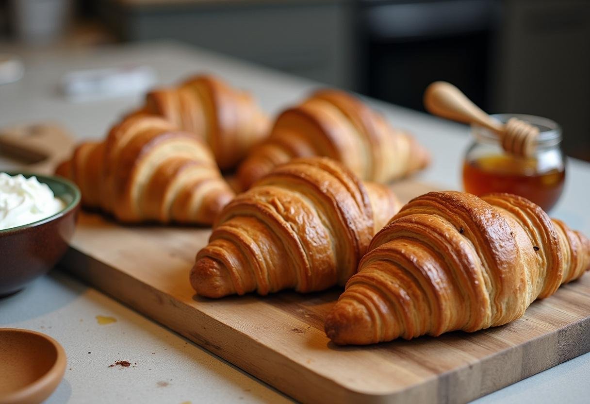 Freshly baked croissants prepared for decadent croissants with whipped ricotta and caramelized honey.