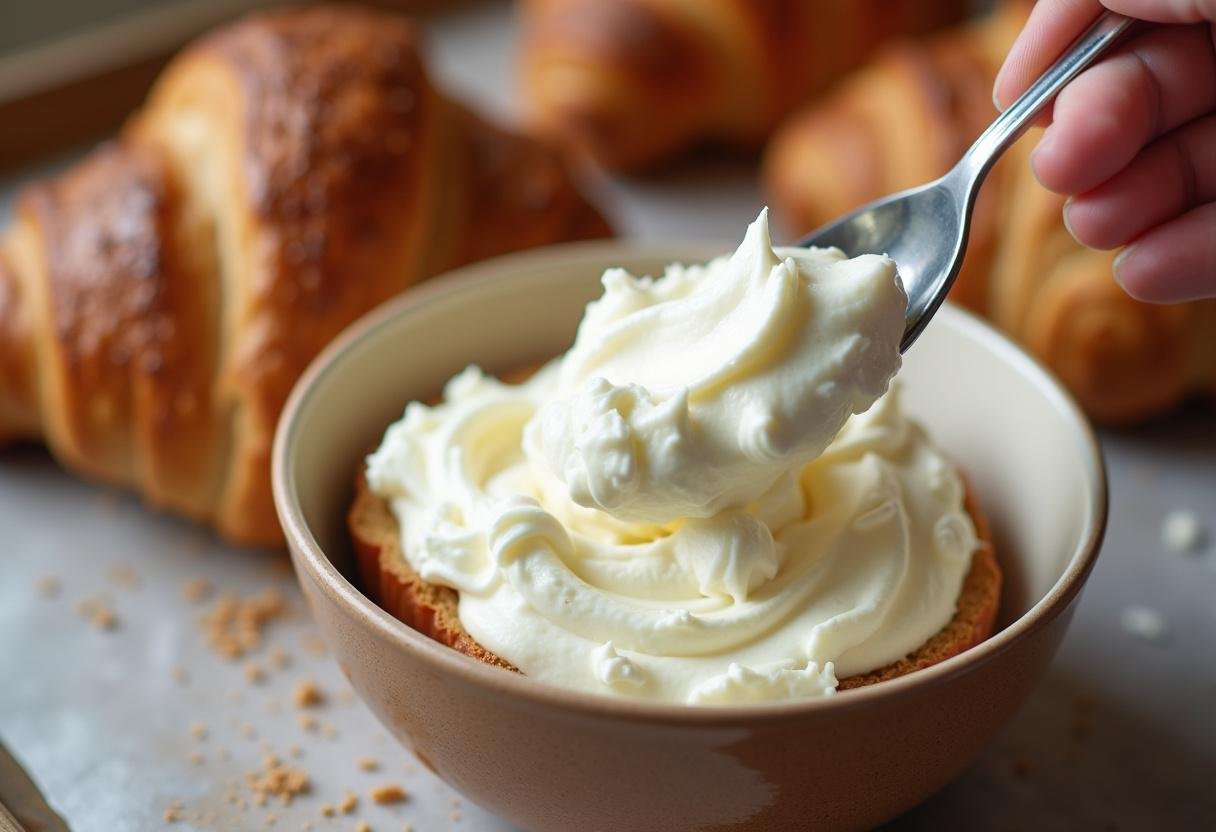 Spreading whipped ricotta on croissants for a rich and creamy texture in decadent croissants recipe.