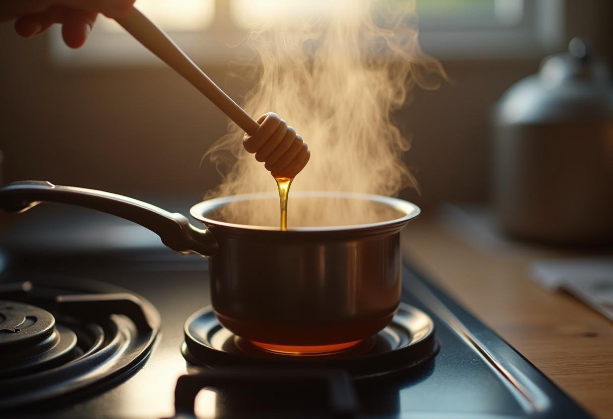 Heating honey for caramelization to enhance the flavors of decadent croissants with whipped ricotta.