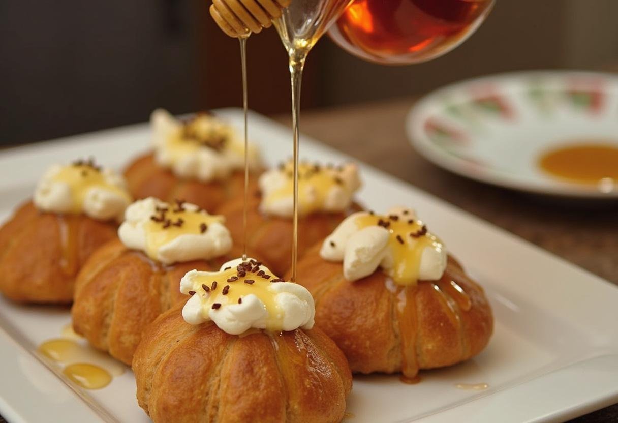 Drizzling caramelized honey over whipped ricotta croissants for a sweet finish.