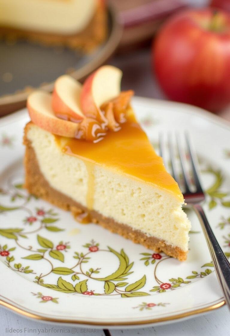 Delicious slice of Easy Apple Butter Cheesecake displayed with apple slices and apple butter drizzle.