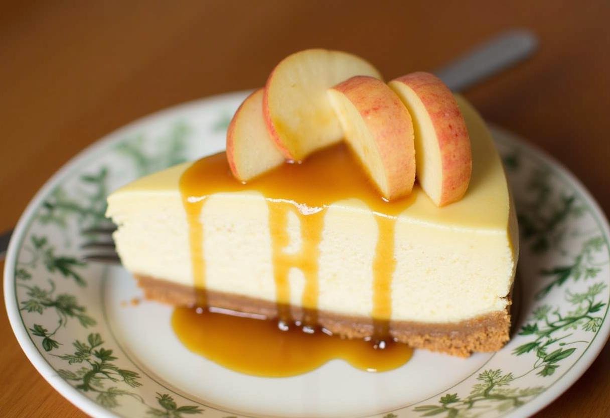 Delicious slice of Easy Apple Butter Cheesecake displayed with apple slices and apple butter drizzle.