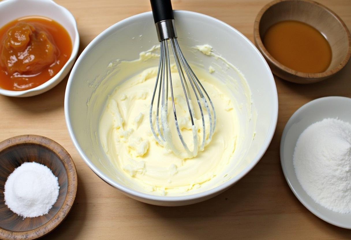 Cream cheese and sugar in a bowl for Easy Apple Butter Cheesecake preparation.