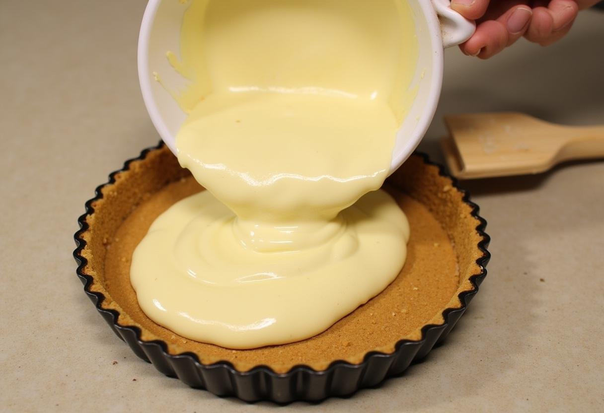 Creamy filling for Easy Apple Butter Cheesecake being poured into a graham cracker crust.