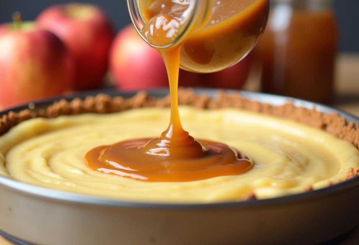 Spoonful of apple butter being added to the Easy Apple Butter Cheesecake mixture.