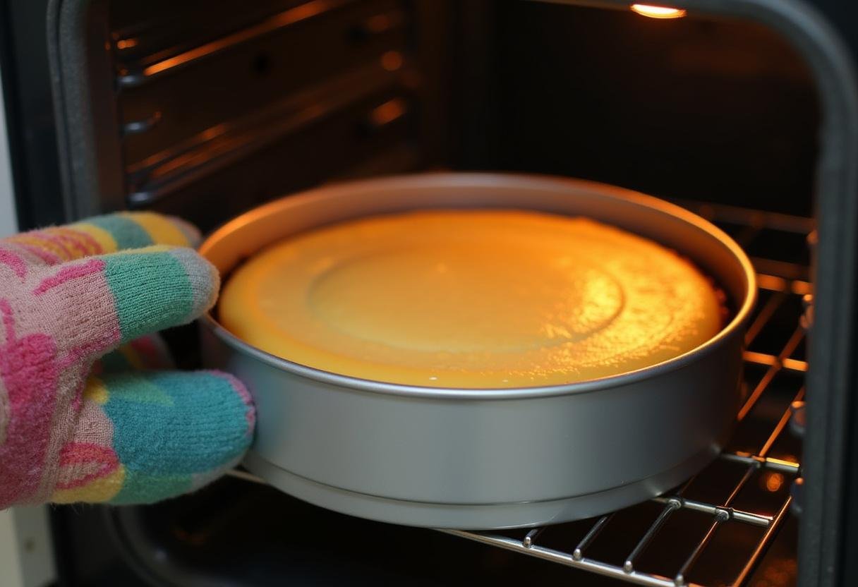 Cheesecake in a springform pan placed into the oven for baking.