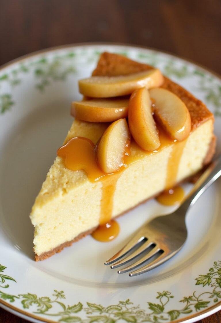 Delicious Easy Caramel Apple Cheesecake slice with caramelized apples, perfect for dessert.