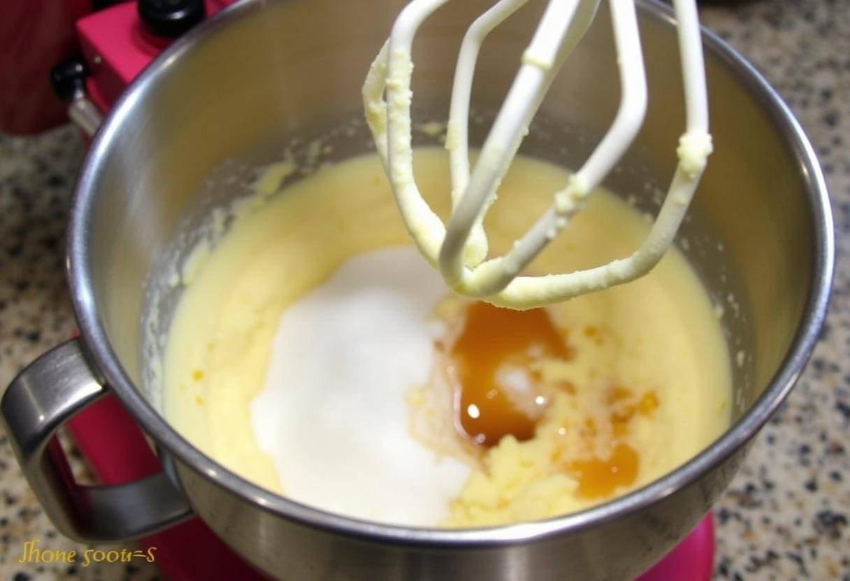 Mixing cream cheese, sugar, and vanilla for Easy Caramel Apple Cheesecake.