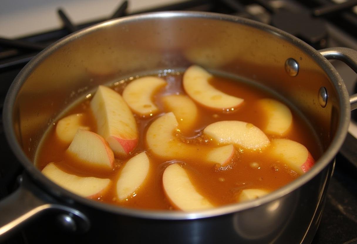 Sliced apples cooking in a caramel sauce for Easy Caramel Apple Cheesecake.
