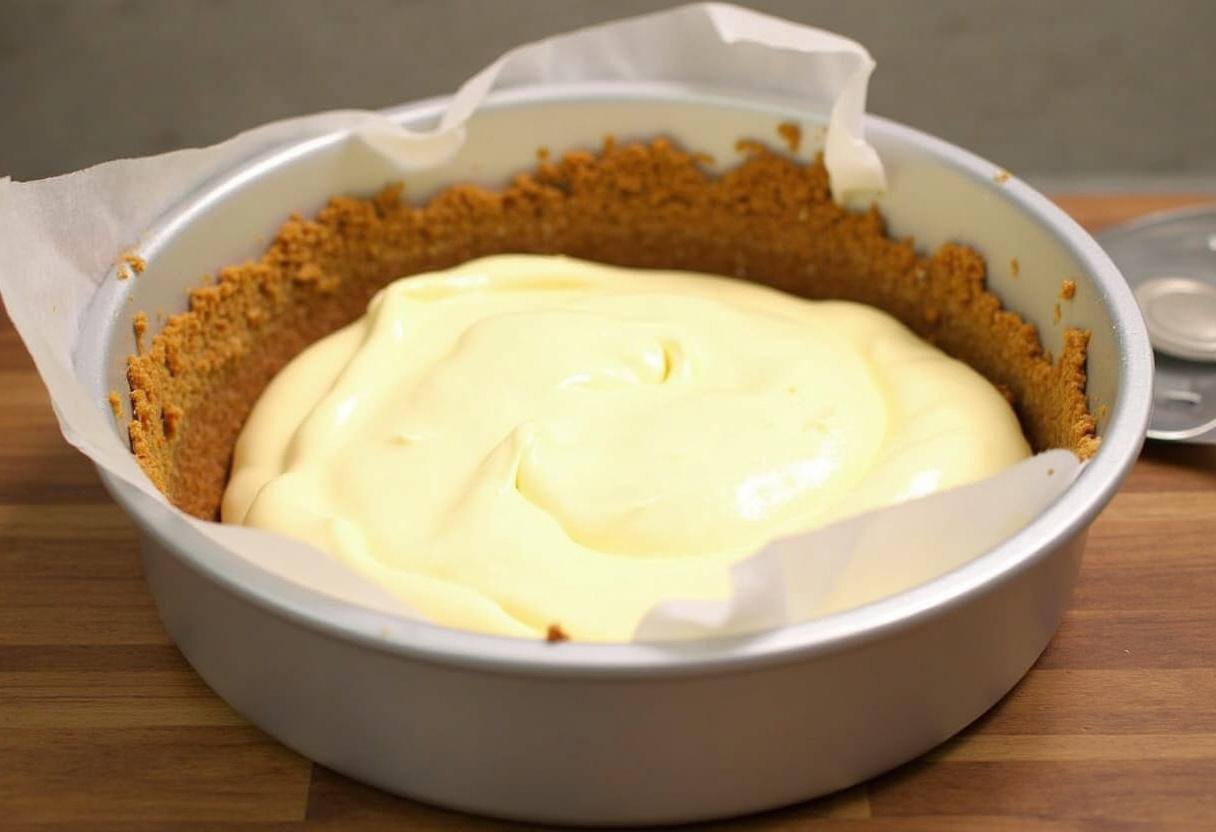 Graham cracker crust prepared for Easy Caramel Apple Cheesecake base.