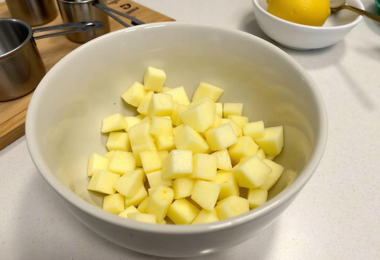 Diced apples mixed with lemon juice for Easy Caramel Apple Dessert Cups preparation.