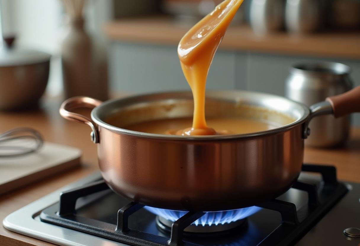 Melting caramel for Easy Caramel Apple Dessert Cups, showcasing a cozy kitchen atmosphere.