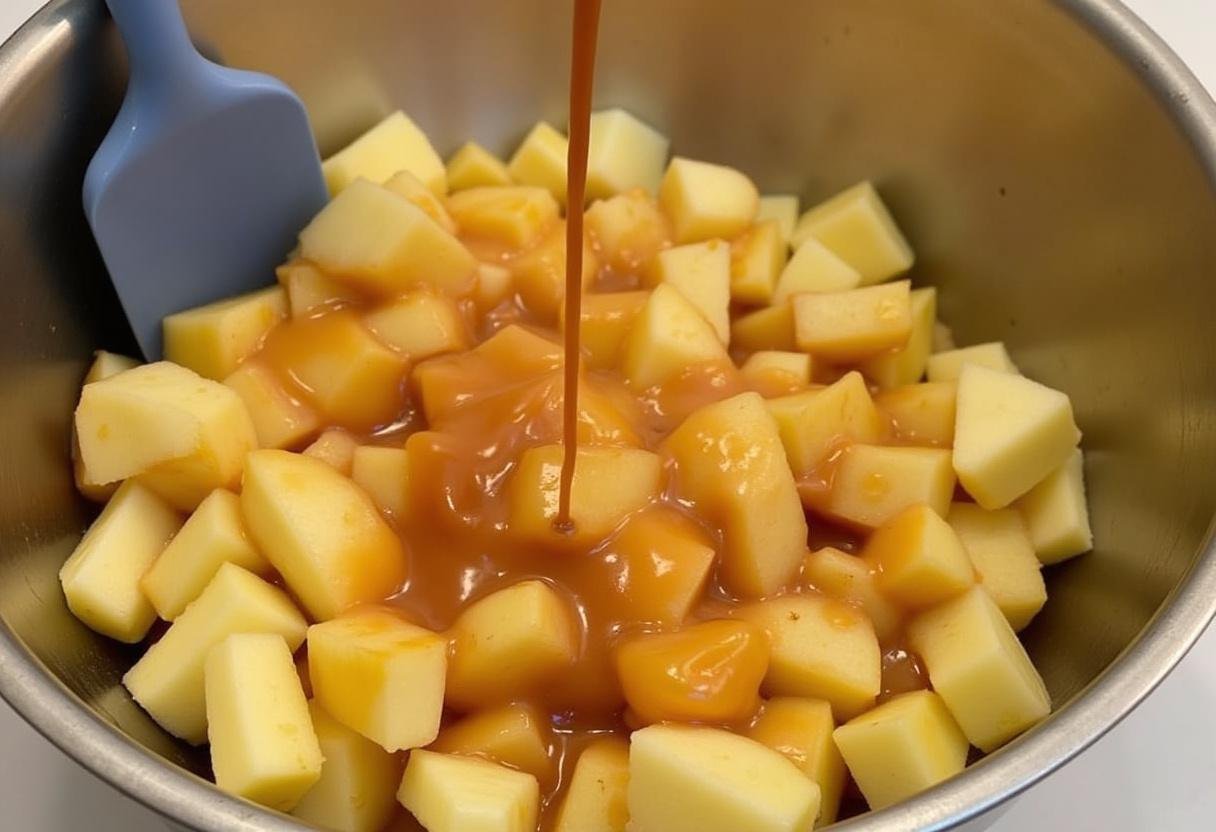 Caramel being combined with diced apples for Easy Caramel Apple Dessert Cups recipe.