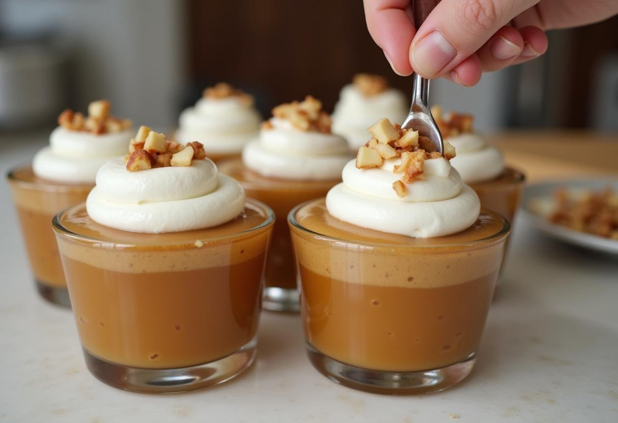 Filling dessert cups with caramel apple mixture for Easy Caramel Apple Dessert Cups.