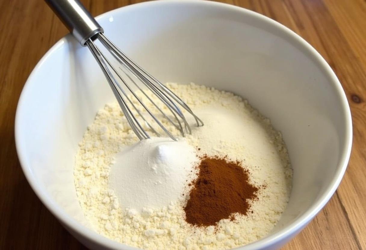 Dry ingredients for Easy Caramel Apple Spice Cake being prepared in a mixing bowl.