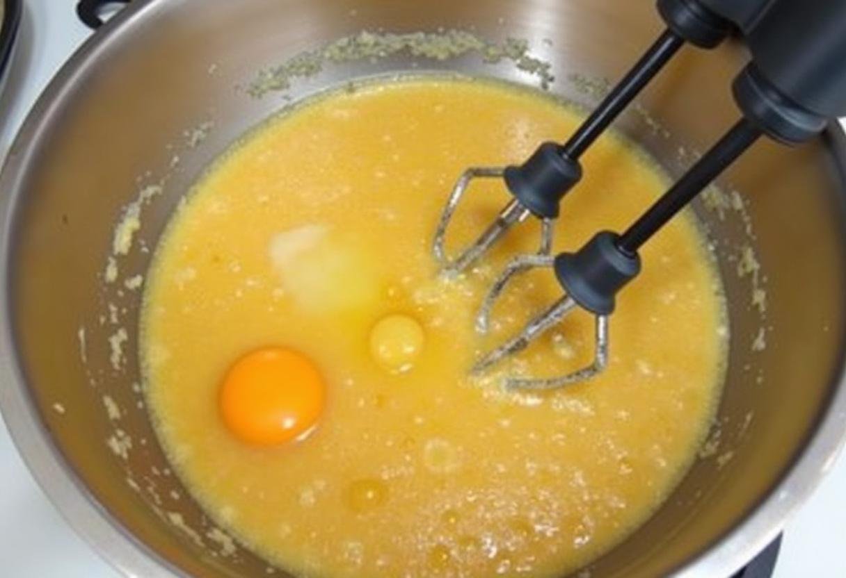 Mixing applesauce and eggs for Easy Caramel Apple Spice Cake batter.