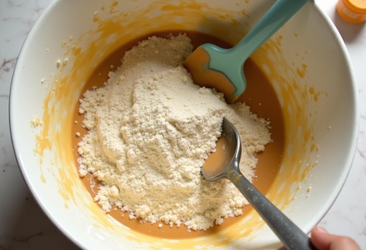 Combining wet and dry ingredients to prepare Easy Caramel Apple Spice Cake batter.